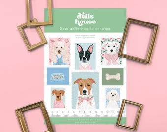 Dog Portraits Gallery Wall for Dollhouse Miniature, Art Prints for Tiny Frames, Pink Blue Floral Cottage, 1:12 Scale Maileg Mouse Flistat