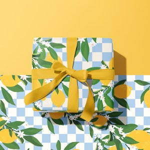 Checkerboard Lemons Floral Gift Wrap Sheet | A2 42 x 59.4 cm | Wrapping Paper Retro Mediterranean Colourful | Birthday Wedding Thank You