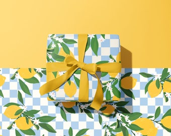 Checkerboard Lemons Floral Gift Wrap Sheet | A2 42 x 59.4 cm | Wrapping Paper Retro Mediterranean Colourful | Birthday Wedding Thank You