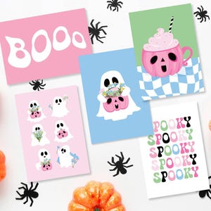 Cute Spooky Ghosts Retro Candy Set of 8 A6 Mini Art Prints | Unframed A6 Postcard | Halloween Kitsch Postcards Vintage Haunted Magic
