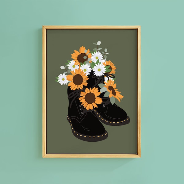 Sunflower Boot Khaki Bunch Sunflowers Daisy Flowers Art Print | Unframed A6 A5 A4 A3 A2 | DMs Vintage Decor Girl Cool Bold Rock Goth docs