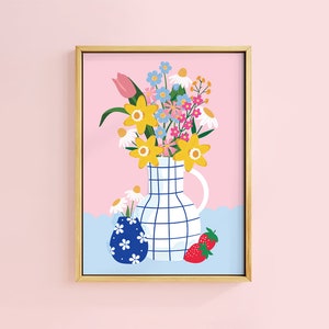 Bouquet printanier de tulipes jonquilles, impression d'art botanique | Sans cadre A6 A5 A4 A3 A2 A1 | Décoration murale Cottagecore fleurs des prés et marguerites