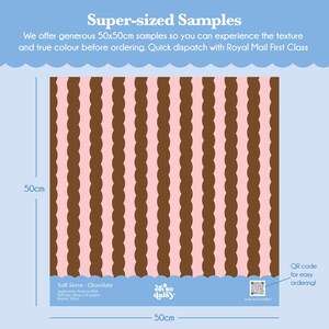 The image is a super-sized sample of a chocolate-flavored soft serve, with a 50x50 cm (or 50x10 cm) pattern. The sample is offered for quick and easy ordering through the Royal Mail First Class service.