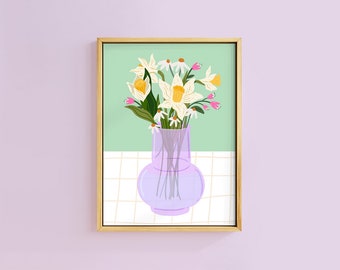 Spring Glass Vase Lilac Floral Botanical Art Print | Unframed A6 A5 A4 A3 A2 A1 | Daisy Wild Flower Cute Wall Decor Gallery Spring Flowers