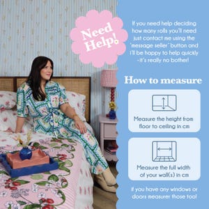 A woman sitting on a bed in a floral print dress, with a "Need Help!" sign above her. The image also includes instructions on how to measure a room for a new bedspread.