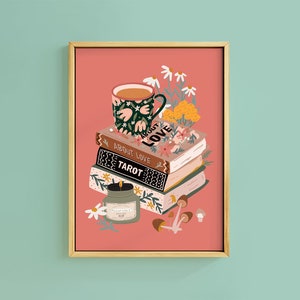 Impresión artística con velas de té y libros de otoño y acogedoras tardes / Sin marco A6 A5 A4 A3 A2 A1 / Póster de pared de galería retro con lectura botánica Decoración cottagecore