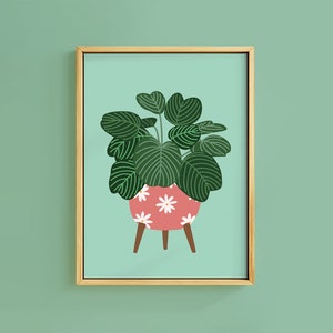 Retro Pot Calathea Light Teal Plant Botanical Print Unframed A6 A5 A4 A3 A2 A1 Decor House Gallery Leaves Dots 60's 70's Groovy image 1