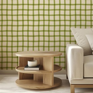 Tapete Cottage Gingham Moosgrün Karo von Oh So Daisy | Vliestapete 10 Meter Rolle | Cottagecore Landhausküche im Landhausstil