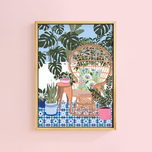 The Mediterranian Garden Room Peacock Chair Tile Art Print | Unframed A6 A5 A4 A3 A2 A1 | Retro House Plant Botanical Pink Graphic Gallery