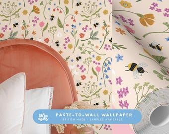 Wallpaper Paste To Wall | Wildflower Whimsical Floral and Bee Soft Cream | Cottage Style Decor