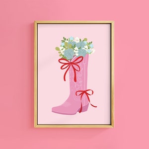 Bouquet floral de botte de noeud de cowboy Coquette Impression d'art botanique kitsch | Sans cadre A6 A5 A4 A3 A2 A1 Création | Décoration rétro vintage