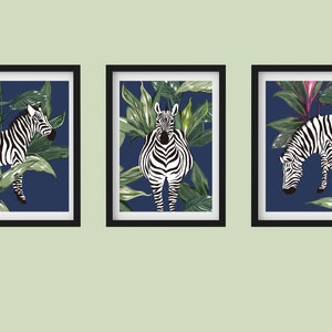 Set of 3 Zebra Botanical Navy Prints Unframed A6 A5 A4 A3 A2 A1 Art Curated Gallery Wall Frame Decor Forest Sage Vintage Maximalism image 3