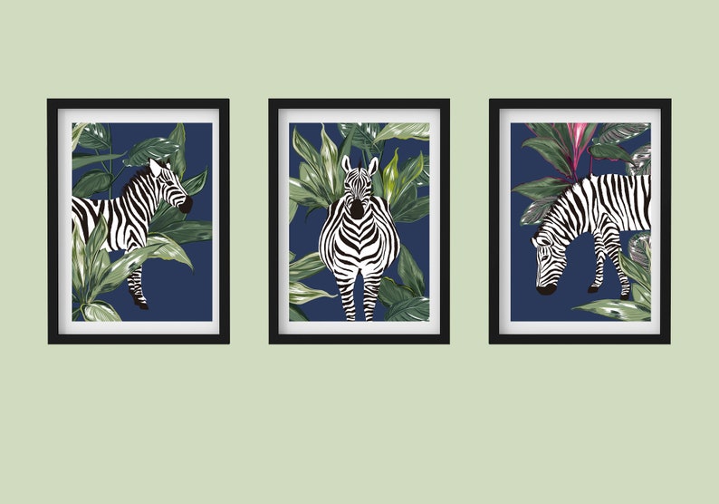 Set of 3 Zebra Botanical Navy Prints Unframed A6 A5 A4 A3 A2 A1 Art Curated Gallery Wall Frame Decor Forest Sage Vintage Maximalism image 3