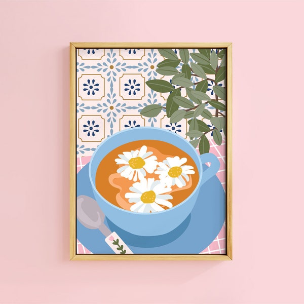 Tea In Capri Botanical Tile Art Print | Unframed A6 A5 A4 A3 A2 A1 | Kitchen Teacup Daisies Pink Cafe Cute Retro Graphic Gallery Wall Bold