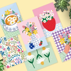 Spring Bloom Set of 6 Botanical Floral Mini Prints A6 Art Postcard Easter Strawberry Meadow Daisy Notelets Card Tea Vases Bunch Pack image 1