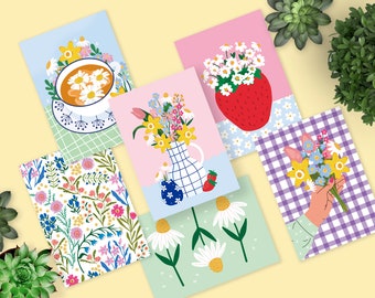 Spring Bloom Set of 6 Botanical Floral Mini Prints | A6 Art Postcard | Easter Strawberry Meadow Daisy Notelets Card Tea Vases Bunch Pack