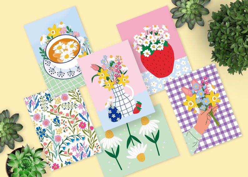 Spring Bloom Set of 6 Botanical Floral Mini Prints A6 Art Postcard Easter Strawberry Meadow Daisy Notelets Card Tea Vases Bunch Pack image 1