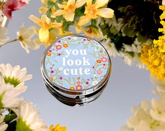 You Look Cute Floral Fun Cute Print Top Double Cosmetic Mirror | Handheld Pocket Makeup Mirror 7.3cm | Handbag Lipstick Gift
