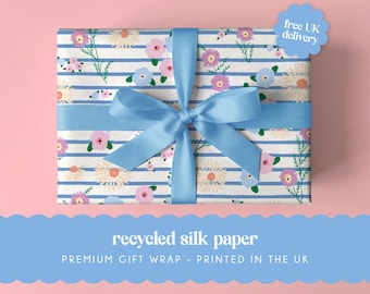 Meadow Floral & Stripe | A2 sheets - 42 x 59.4 cm | Recycled Silk Paper | Floral Wrapping Paper for Birthdays, Weddings