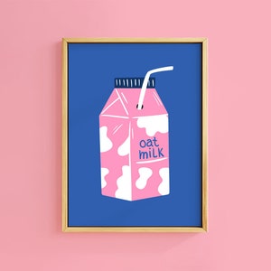 Impressão artística de café da manhã em caixa de leite de aveia | Sem moldura A6 A5 A4 A3 A2 A1 | Decoração de parede rosa kitsch para cozinha e casa
