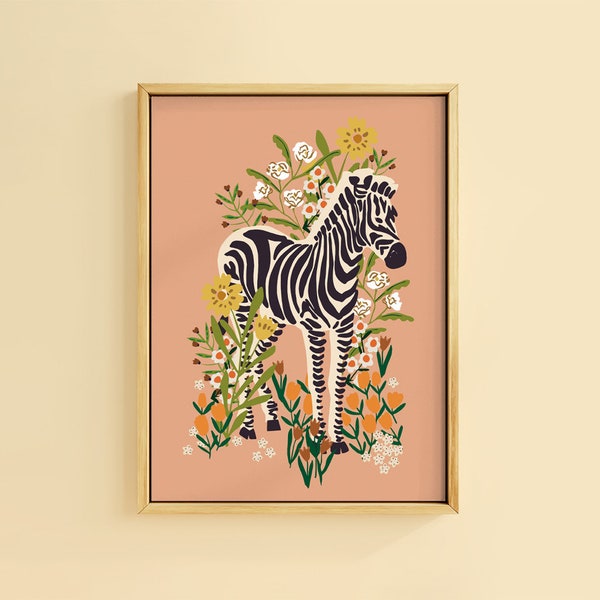 Boho Meadow Zebra Floral Botanical Art Print | Unframed A6 A5 A4 A3 A2 A1 Art | Flower Gallery Wall Decor Kitsch Animal Natural