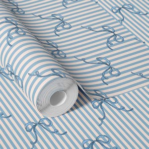 Blue Bow Wallpaper: Soft Vintage Ribbon Stripe Design image 2