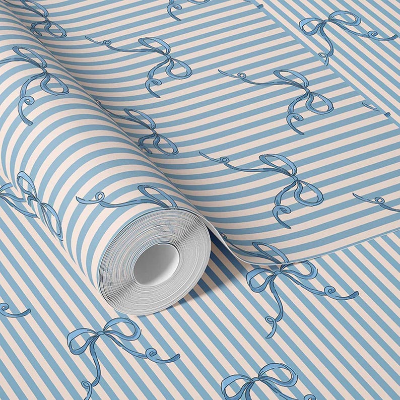 Blue Bow Wallpaper: Soft Vintage Ribbon Stripe Design image 2