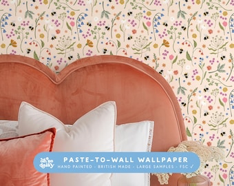 Bumblebee Floral Wallpaper | Soft Cream | Whimsical Cottage Kitchen Bedroom, Nursery | Paste To Wall | Hand-Drawn | Made in UK