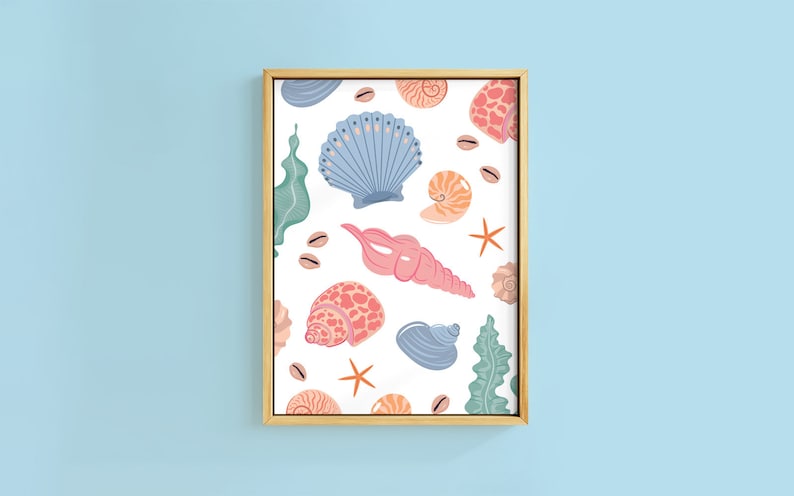 Sea Shell Collection Colourful Art Print Unframed A6 A5 A4 A3 A2 A1 Art Gallery Ocean Pastel Pink Peach Pearl Conch Seashells Decor image 1