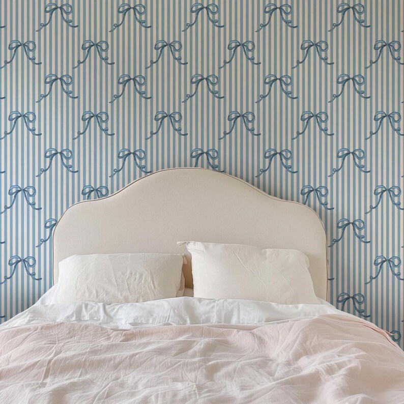 Blue Bow Wallpaper: Soft Vintage Ribbon Stripe Design image 5
