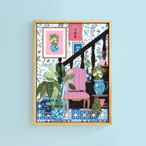 Botanisches Treppengeländer Chinoiserie Antique China Vasen Gläser Haus Pflanze Kunstdruck | Ungerahmt A6 A5 A4 A3 A2 A1 Bridgerton Dekor Cottage Kern