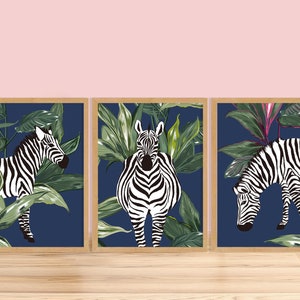 Set of 3 Zebra Botanical Navy Prints Unframed A6 A5 A4 A3 A2 A1 Art Curated Gallery Wall Frame Decor Forest Sage Vintage Maximalism image 2
