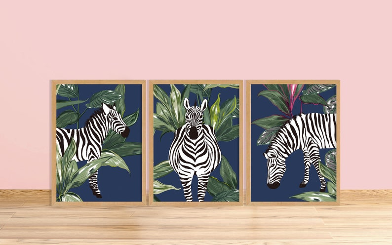 Set of 3 Zebra Botanical Navy Prints Unframed A6 A5 A4 A3 A2 A1 Art Curated Gallery Wall Frame Decor Forest Sage Vintage Maximalism image 2