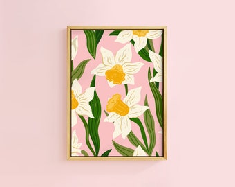 Daffodil Stems on Pink Spring Art Print | Unframed A6 A5 A4 A3 A2 A1 | Daisy Cottage Core Floral Bold Kitchen Decor Narcissus