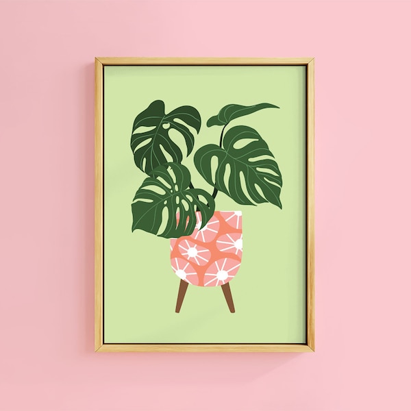 Pistachio Retro Monstera Plant Botanical Print | Unframed A6 A5 A4 A3 A2 A1 | Decor House Plant Gallery Wall Leaves Dots 60's 70's Groovy