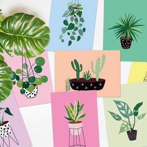Lot de 8 mini impressions pastel arc-en-ciel de plantes botaniques | postale d'art A6 | Affirmation Plante suspendue en macramé Monstera Cactus Positif Pack