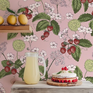 Walderdbeere Tapete Rosa Floral von Oh So Daisy | Wand einkleben 50 cm x 10 Meter Rolle | Cottage Kern Küche Bauernhaus Wanddekor
