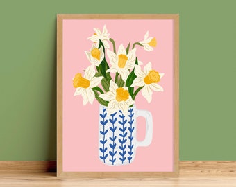 Daffodil Bunch Painted Jug Spring Art Print | Unframed A6 A5 A4 A3 A2 A1 | Daisy Mug Cottage Core Bright Floral Bold Kitchen Decor Narcissus