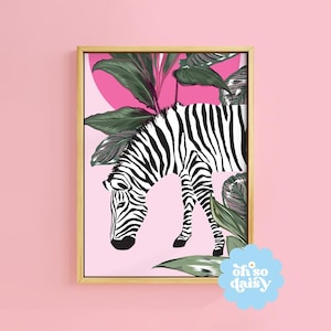 Impresión botánica de cebra tropical africana con sol, sin marco, tamaño A6, A5, A4, A3, A2, arte de galería, marco de pared, decoración gráfica retro vintage rosa con animales.