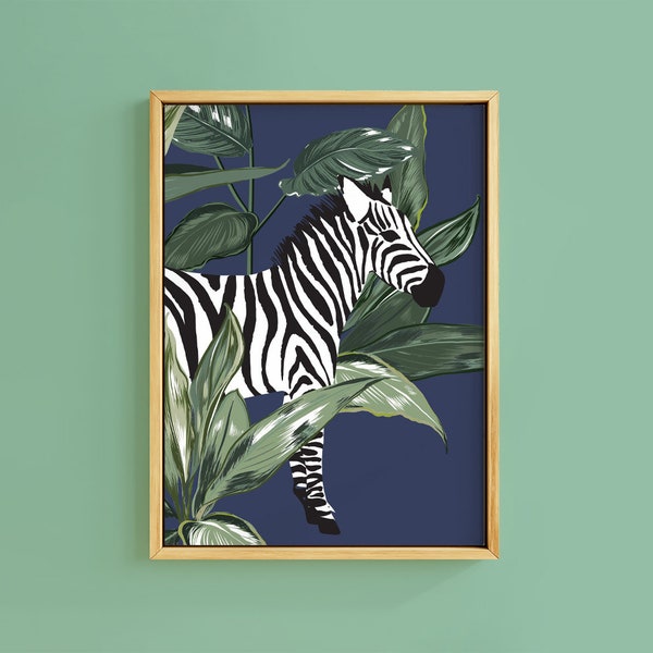 Botanical Zebra Tropical Navy Midnight Print | Unframed A6 A5 A4 A3 A2 Art | Gallery Wall Frame Retro Vintage Maxi Animal Graphic Decor