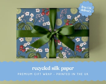 Woodland Strawberry Gift Wrap Sheet | | A2 sheets - 42 x 59.4 cm | Recycled Silk Paper | Botanical Wrapping Paper for Birthdays, Weddings