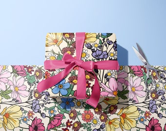 Feuille d'emballage cadeau crème florale Wildflower | A2 42 x 59,4 cm | Papier cadeau couleur Retro Meadow | Anniversaire Mariage Fête des Mères Recyclé