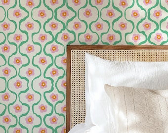 Wiggle Stripe Floral Wallpaper, Retro Mid Century Modern Home Decor
