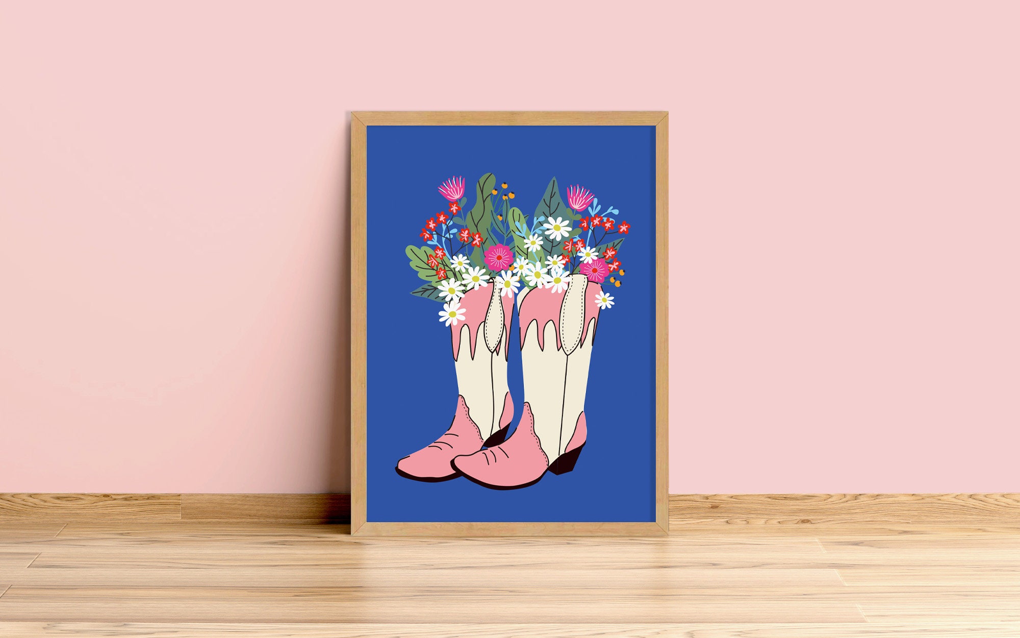 Colbolt Pink Cowboy Boot Bunch Flowers Art Print - France | A6 A4 A3 A2 Non Encadré Daisy Vintage Ho