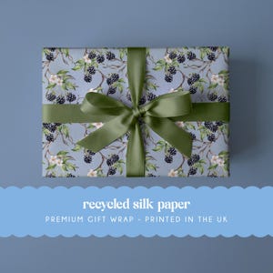Bramble & Blossom botanical Gift Wrap | Steel Blue Woodland Recycled Silk Paper | Floral Wrapping Paper for Birthdays, Weddings