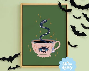 Tea Reading Halloween Art Print, Cosy Autumn Kitchen Home Decor, Snake Eye Cup, Gift for Witchy Girls, Spells Boho Dark Magic Gallery Wall