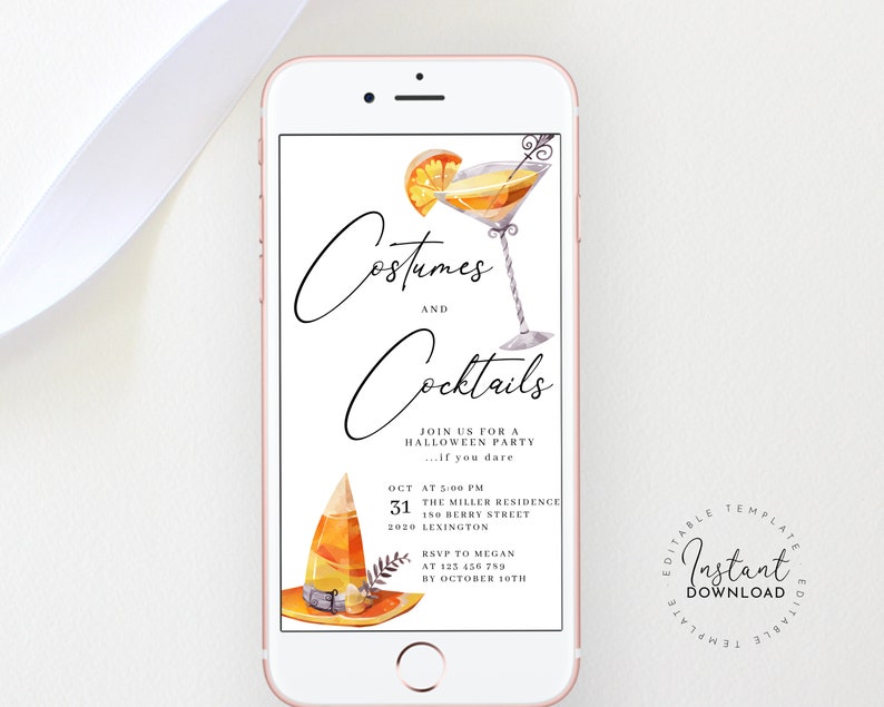 Digital iPhone Halloween Electronic Halloween Invitation Costumes and Cocktails Party Halloween Evite Smartphone Halloween Party Invite