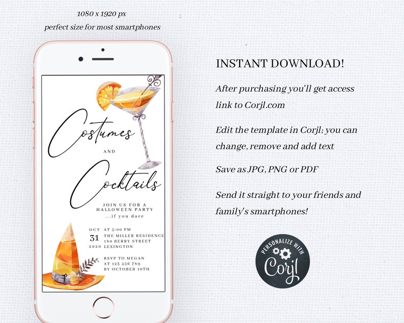 Digital iPhone Halloween Electronic Halloween Invitation Costumes and Cocktails Party Halloween Evite Smartphone Halloween Party Invite