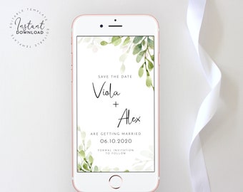 Electronic Save the Date Template, Smartphone Wedding Save the Date, Digital Save our Date, Greenery Save the Date, Smartphone Save the Date