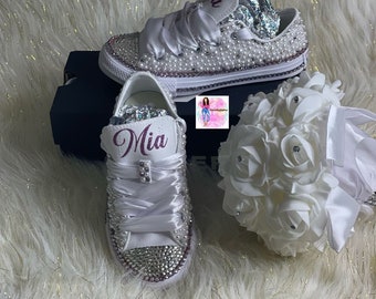 Custom Bling Converse Sneakers, Pearls and Rhinestones, Flower Girl Shoes